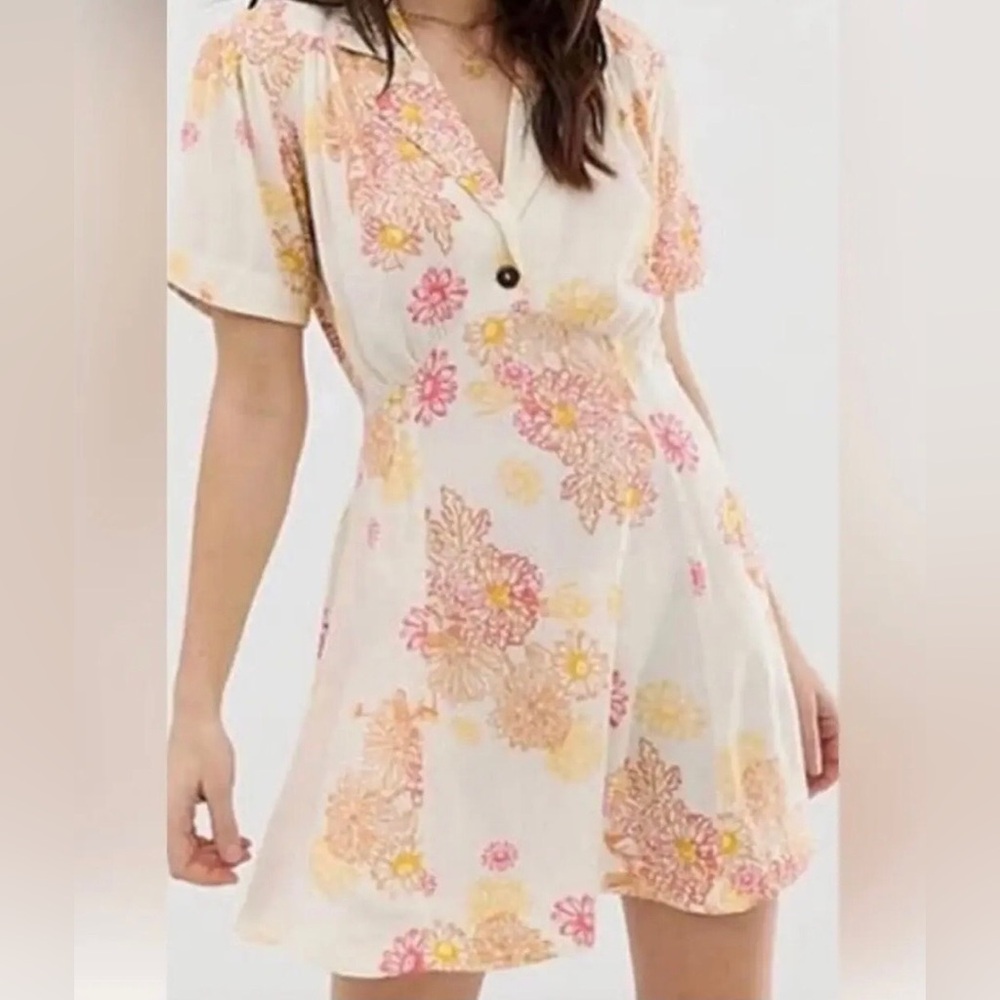 Free People Cream Dress with Pink and Yellow Floral Print EUC